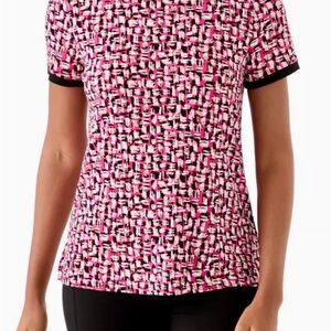 Anne Klein Pink, Black, and Tan Patterned Short-Sleeve Blouse